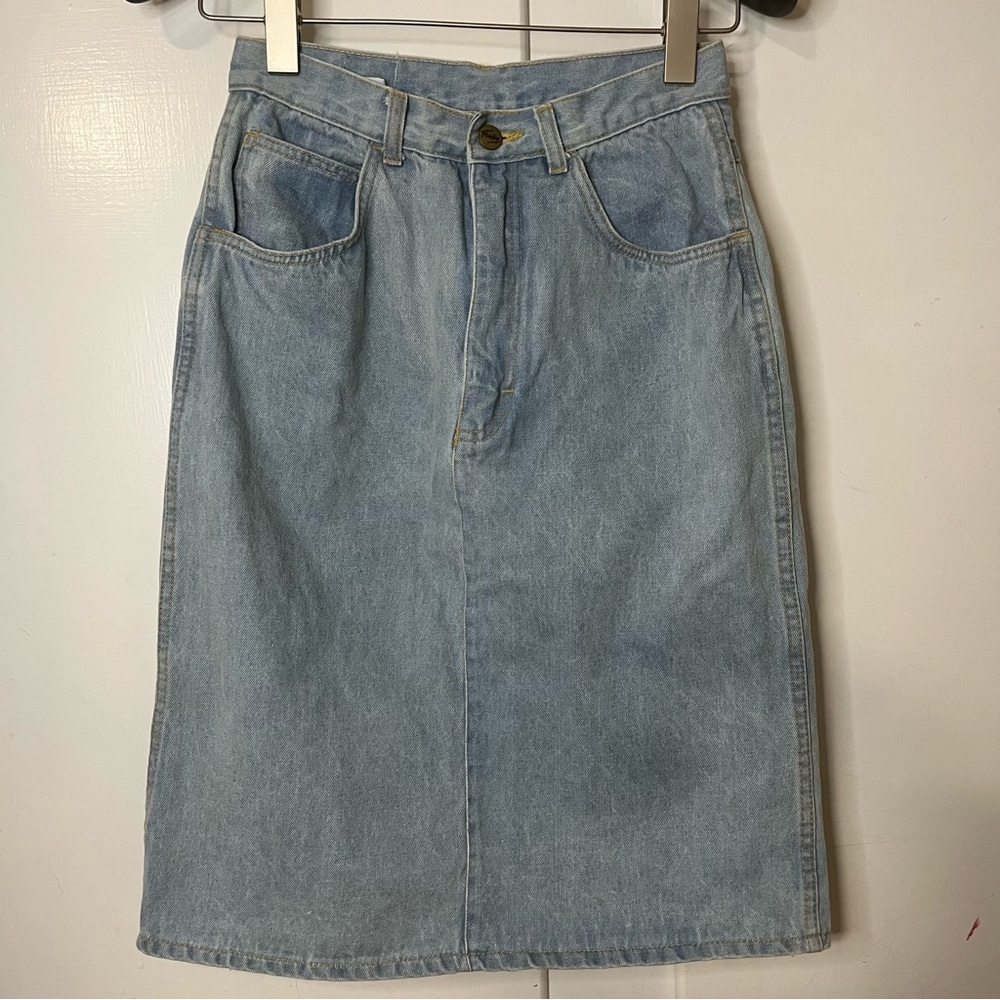 Vintage 80s Punky Denim Knee Length Light Wash Skirt